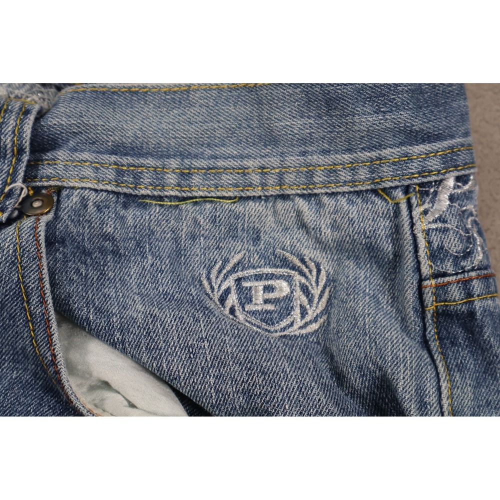 Y2K PHAT CLASSIC ORIGINAL Shorts Mens 38 Blue Denim Bermuda Embroidered Baggy - Picture 3 of 9